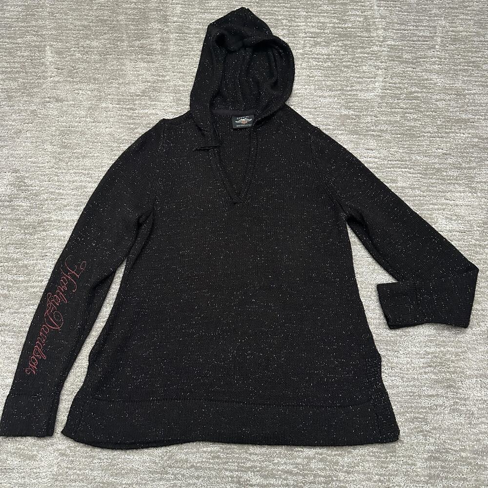 Harley-Davidson Sweater Womens 1X Black Hooded V Neck Glitter Knit Pullover
